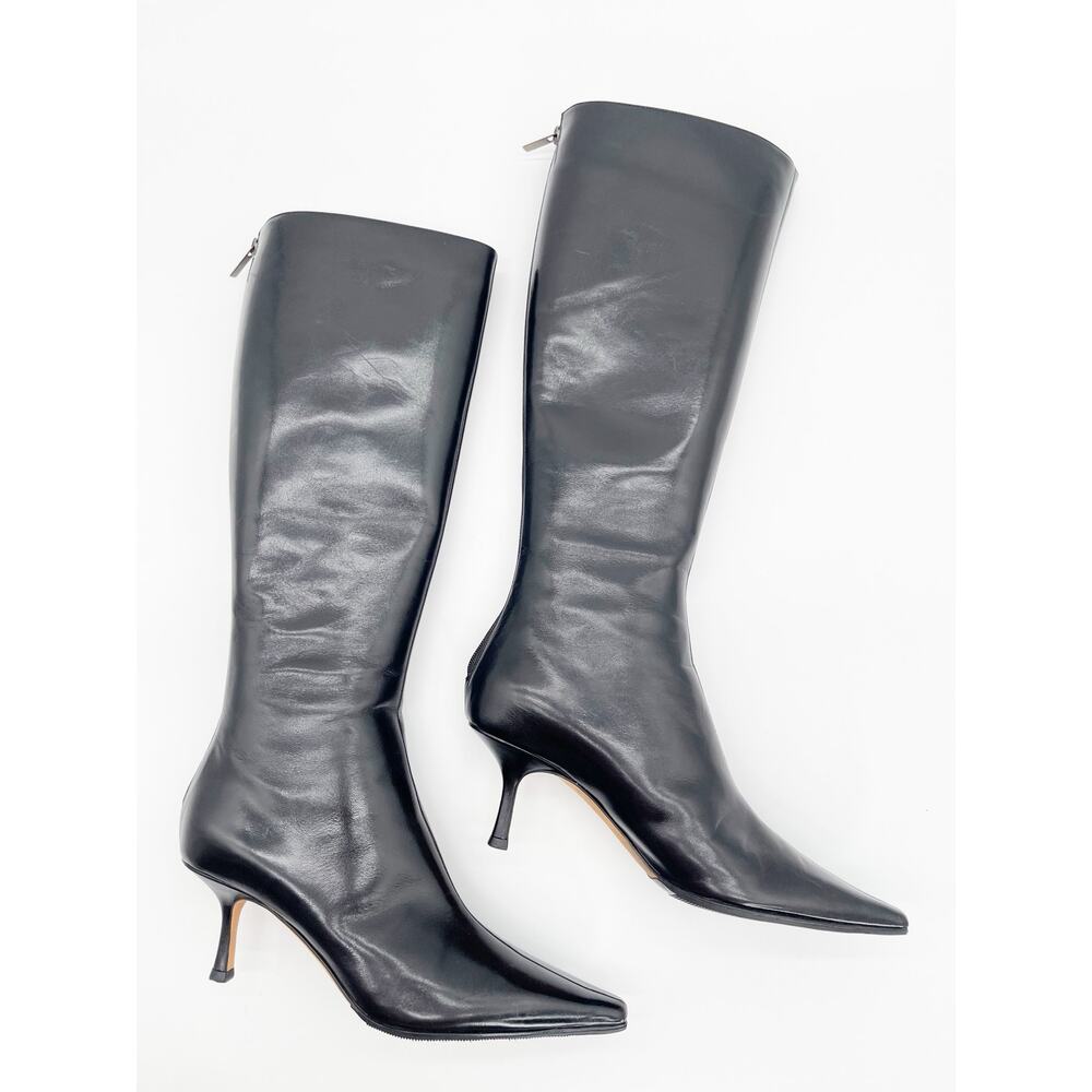 Jimmy Choo Vintage Peony Black Leather Pointed Toe Knee High Heeled Boots IT 38 - Picture 4 of 13